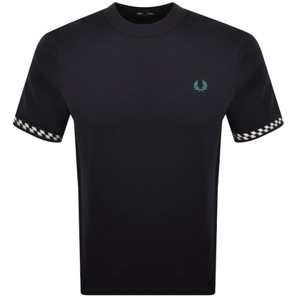 FRED PERRY JACQUARD CUFF COTTON T-SHIRT NAVY BLUE MEDIUM RRP £60 BNWT