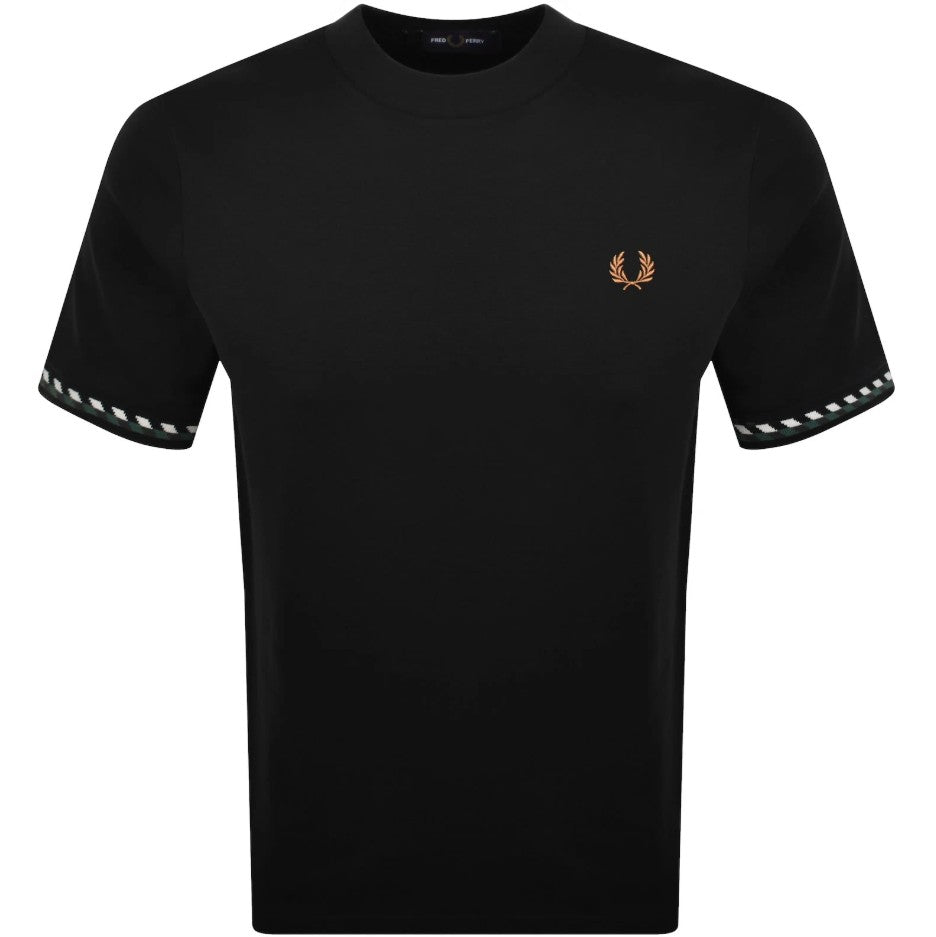 FRED PERRY JACQUARD CUFF COTTON T-SHIRT BLACK MEDIUM RRP £60 BNWT