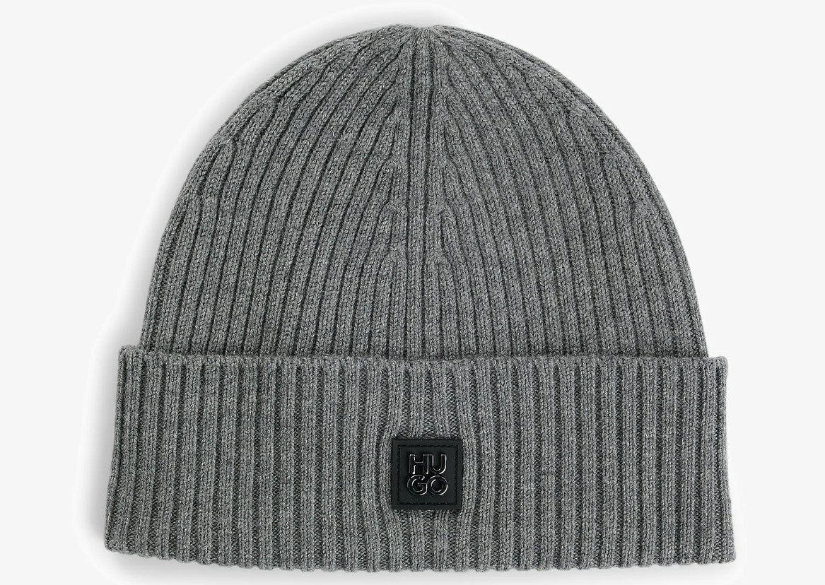 HUGO BY HUGO BOSS XOLA VIRGIN WOOL & METAL LOGO BEANIE HAT GREY RRP £69 BNWT