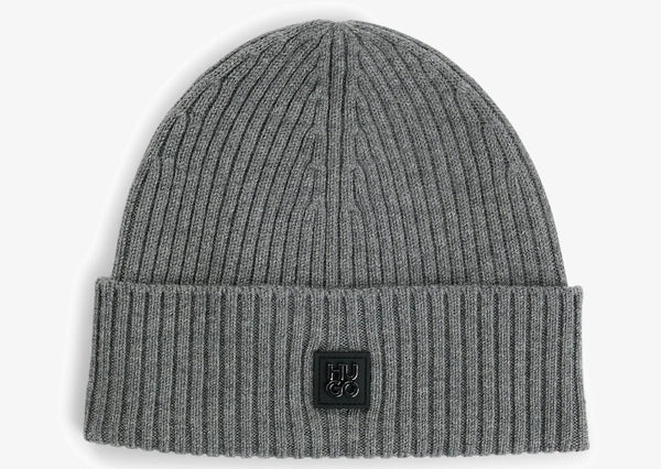 HUGO BY HUGO BOSS XOLA VIRGIN WOOL & METAL LOGO BEANIE HAT GREY RRP £69 BNWT