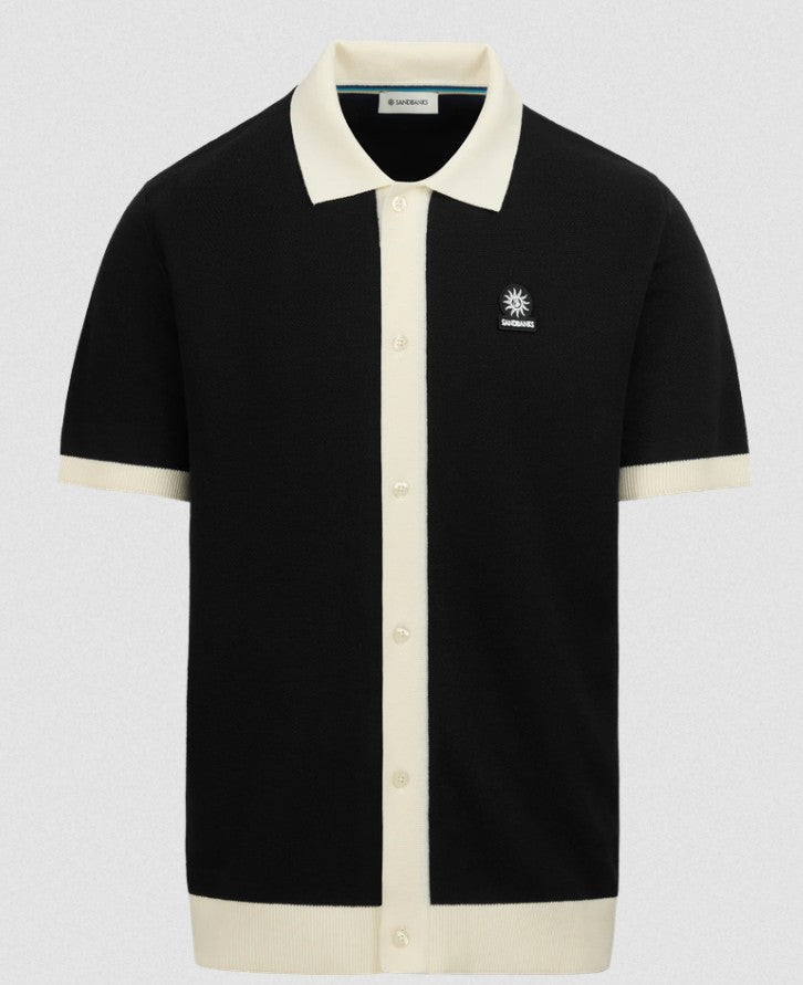 SANDBANKS FULL BUTTON KNITTED COTTON POLO SHIRT BLACK/ECRU MEDIUM RRP £165 BNWT