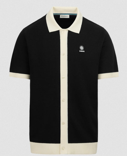 SANDBANKS FULL BUTTON KNITTED COTTON POLO SHIRT BLACK/ECRU MEDIUM RRP £165 BNWT