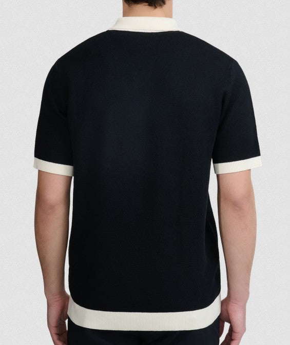 SANDBANKS FULL BUTTON KNITTED COTTON POLO SHIRT BLACK/ECRU MEDIUM RRP £165 BNWT