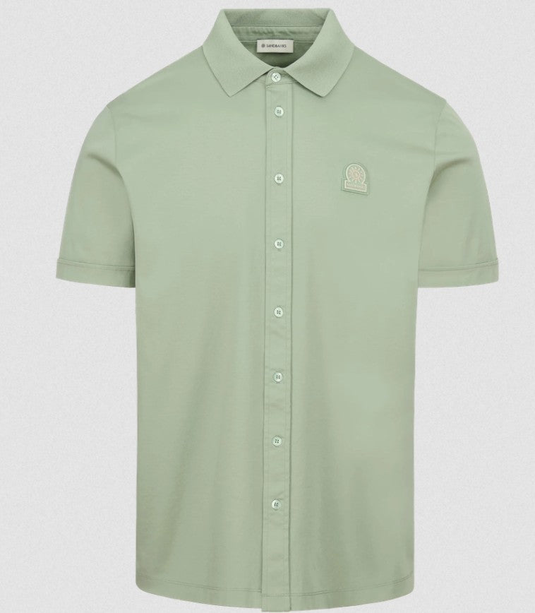SANDBANKS FULL BUTTON INTERLOCK COTTON POLO SHIRT SAGE GREEN RRP £155 BNWT