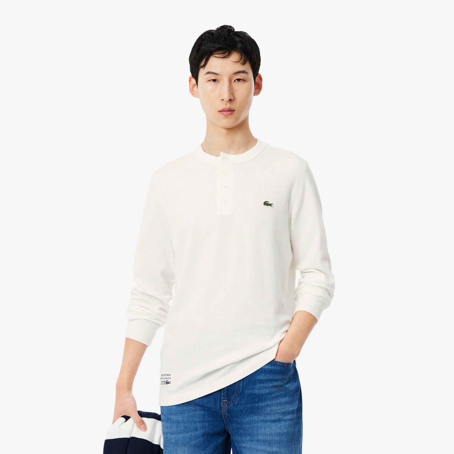 LACOSTE HENLEY LONG SLEEVE WAFFLE KNIT COTTON T-SHIRT WHITE (7) 2XL RRP £70 BNWT