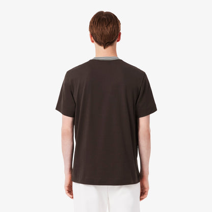 LACOSTE COTTON TIPPED CREW NECK T-SHIRT BROWN RRP £75 BNWT