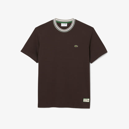 LACOSTE COTTON TIPPED CREW NECK T-SHIRT BROWN RRP £75 BNWT