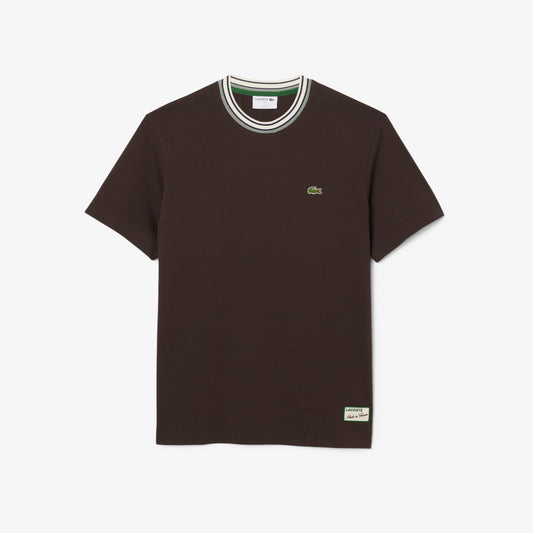 LACOSTE COTTON TIPPED CREW NECK T-SHIRT BROWN RRP £75 BNWT