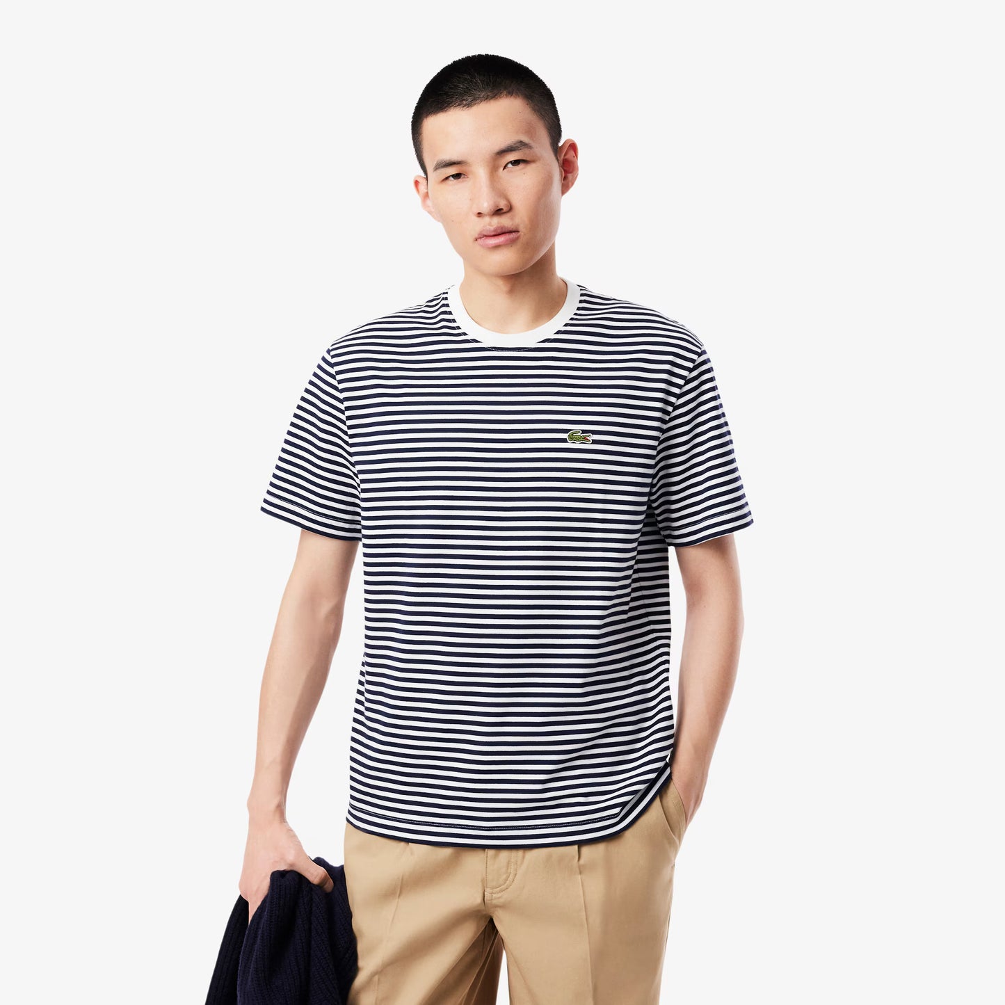 LACOSTE HEAVY COTTON STRIPED T-SHIRT NAVY BLUE/WHITE SIZE RRP £65 BNWT