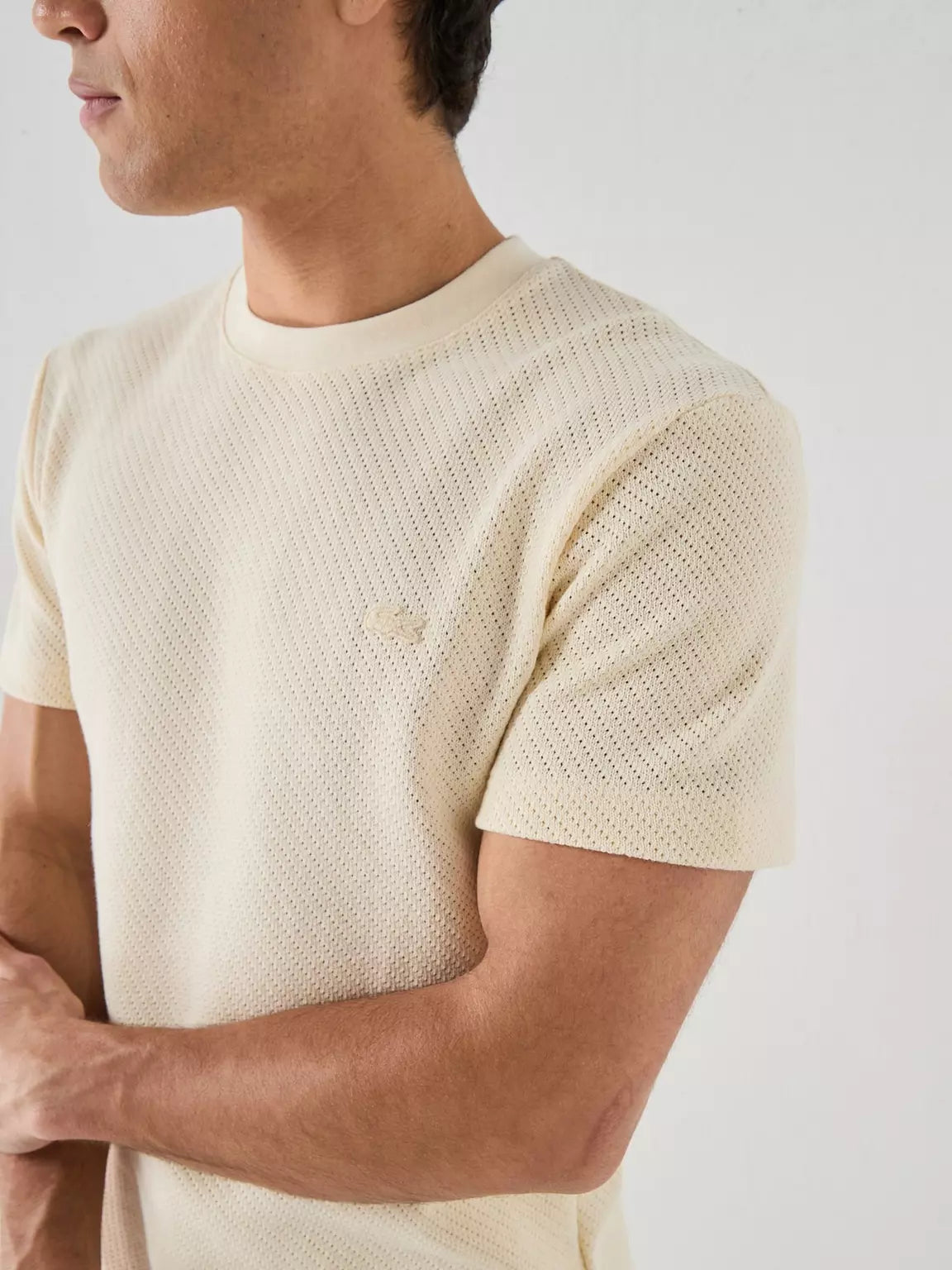LACOSTE HEAVYWEIGHT COTTON JACQUARD KNIT LOGO T-SHIRT CREAM XL RRP £70 BNWT