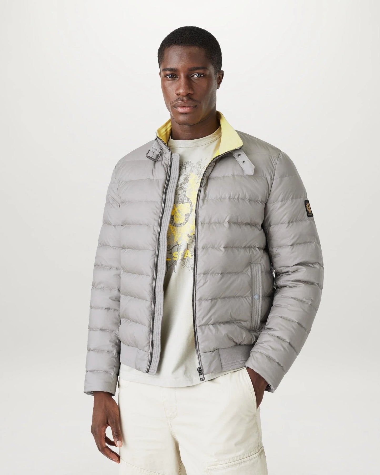 BELSTAFF CIRCUIT DOWN PUFFA BOMBER JACKET CLOUD GREY/YELLOW UK50 5XL RRP £375 BNWT NEW