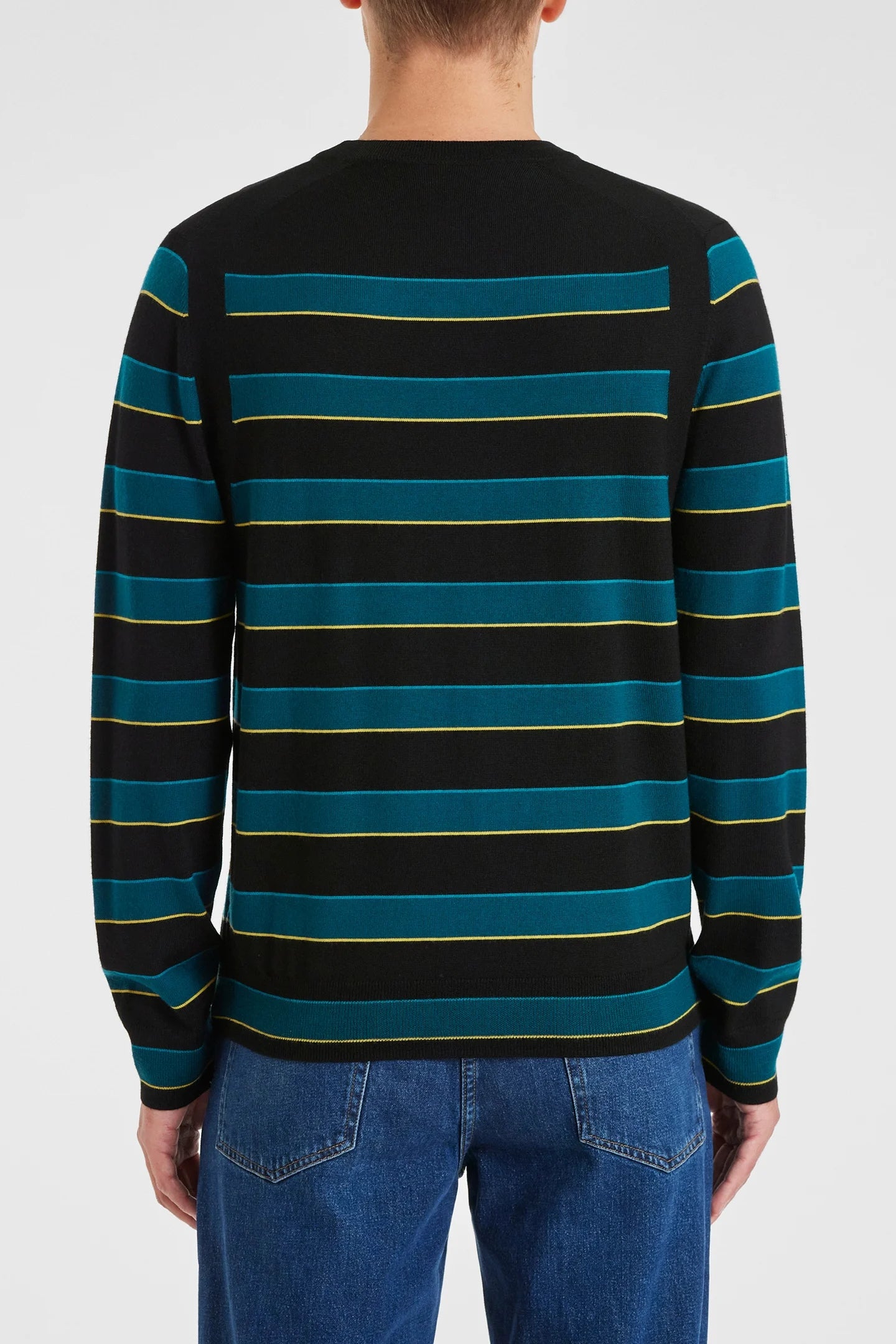 PAUL SMITH MERINO WOOL CREW NECK JUMPER BLACK/BLUE STRIPES XL RRP £209 BNWT