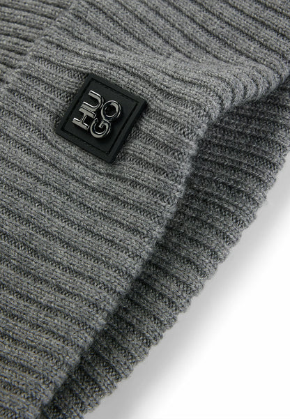 HUGO BY HUGO BOSS XOLA VIRGIN WOOL & METAL LOGO BEANIE HAT GREY RRP £69 BNWT