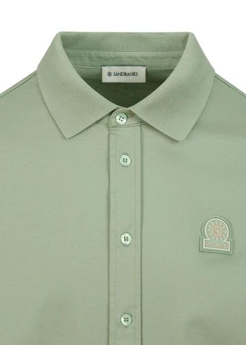 SANDBANKS FULL BUTTON INTERLOCK COTTON POLO SHIRT SAGE GREEN RRP £155 BNWT