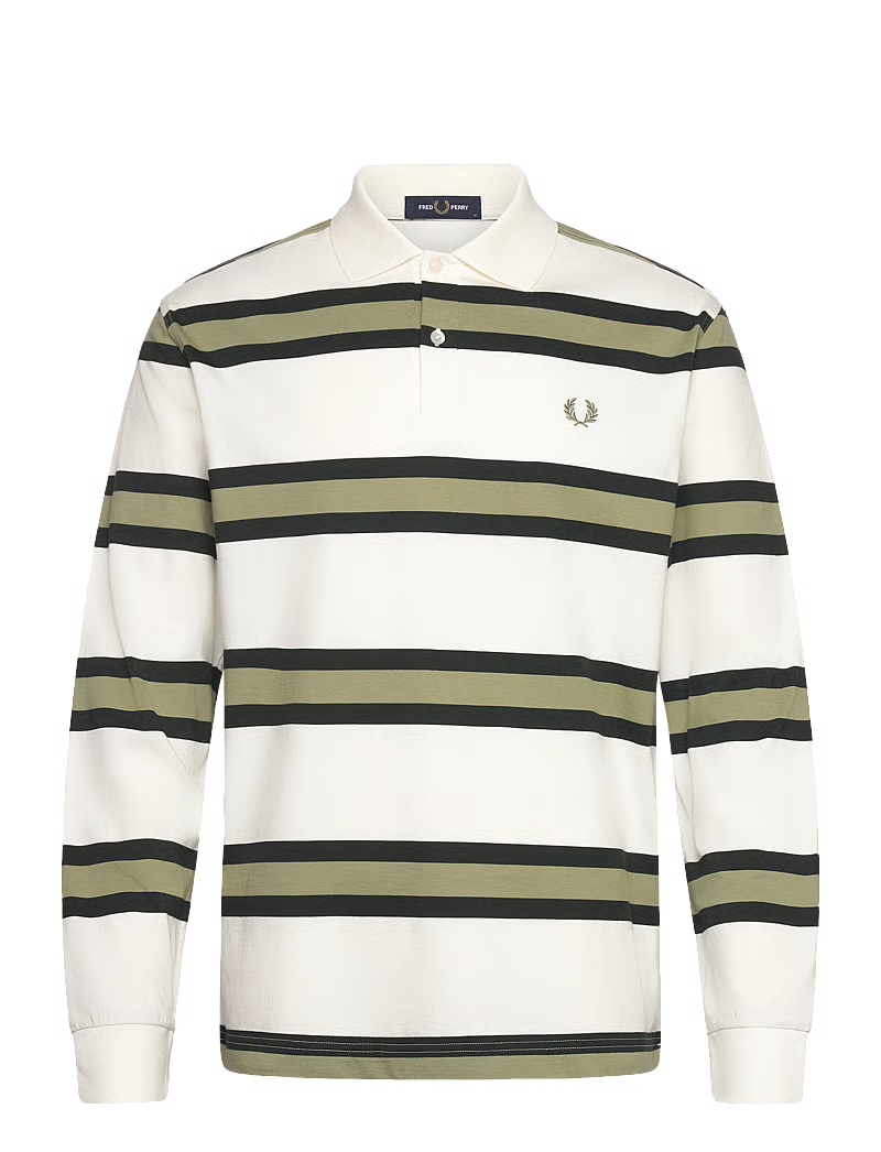 FRED PERRY STRIPED LONG SLEEVE RUGBY STYLE POLO SHIRT ECRU/GREEN M RRP £90 BNWT