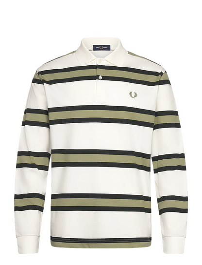 FRED PERRY STRIPED LONG SLEEVE RUGBY STYLE POLO SHIRT ECRU/GREEN M RRP £90 BNWT