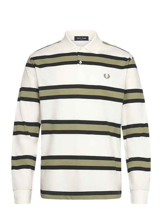 FRED PERRY STRIPED LONG SLEEVE RUGBY STYLE POLO SHIRT ECRU/GREEN M RRP £90 BNWT