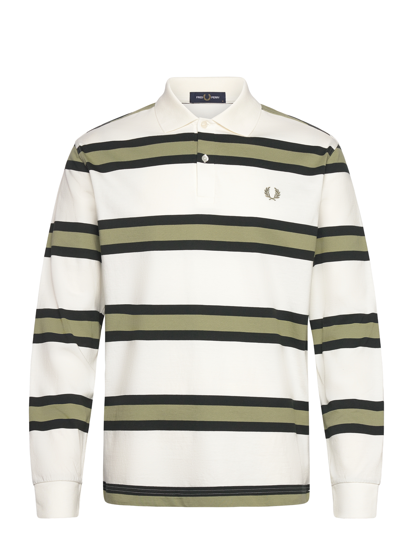 FRED PERRY STRIPED LONG SLEEVE RUGBY STYLE POLO SHIRT ECRU/GREEN M RRP £90 BNWT