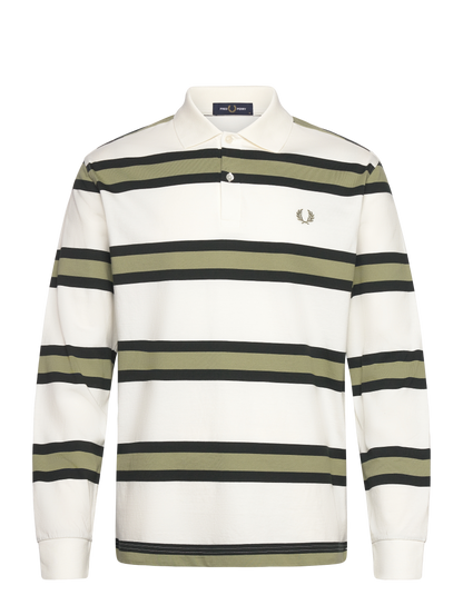 FRED PERRY STRIPED LONG SLEEVE RUGBY STYLE POLO SHIRT ECRU/GREEN M RRP £90 BNWT