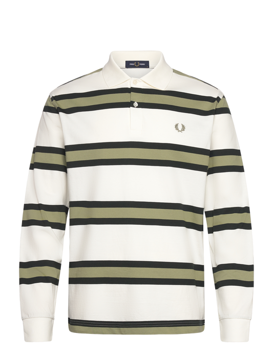 FRED PERRY STRIPED LONG SLEEVE RUGBY STYLE POLO SHIRT ECRU/GREEN M RRP £90 BNWT