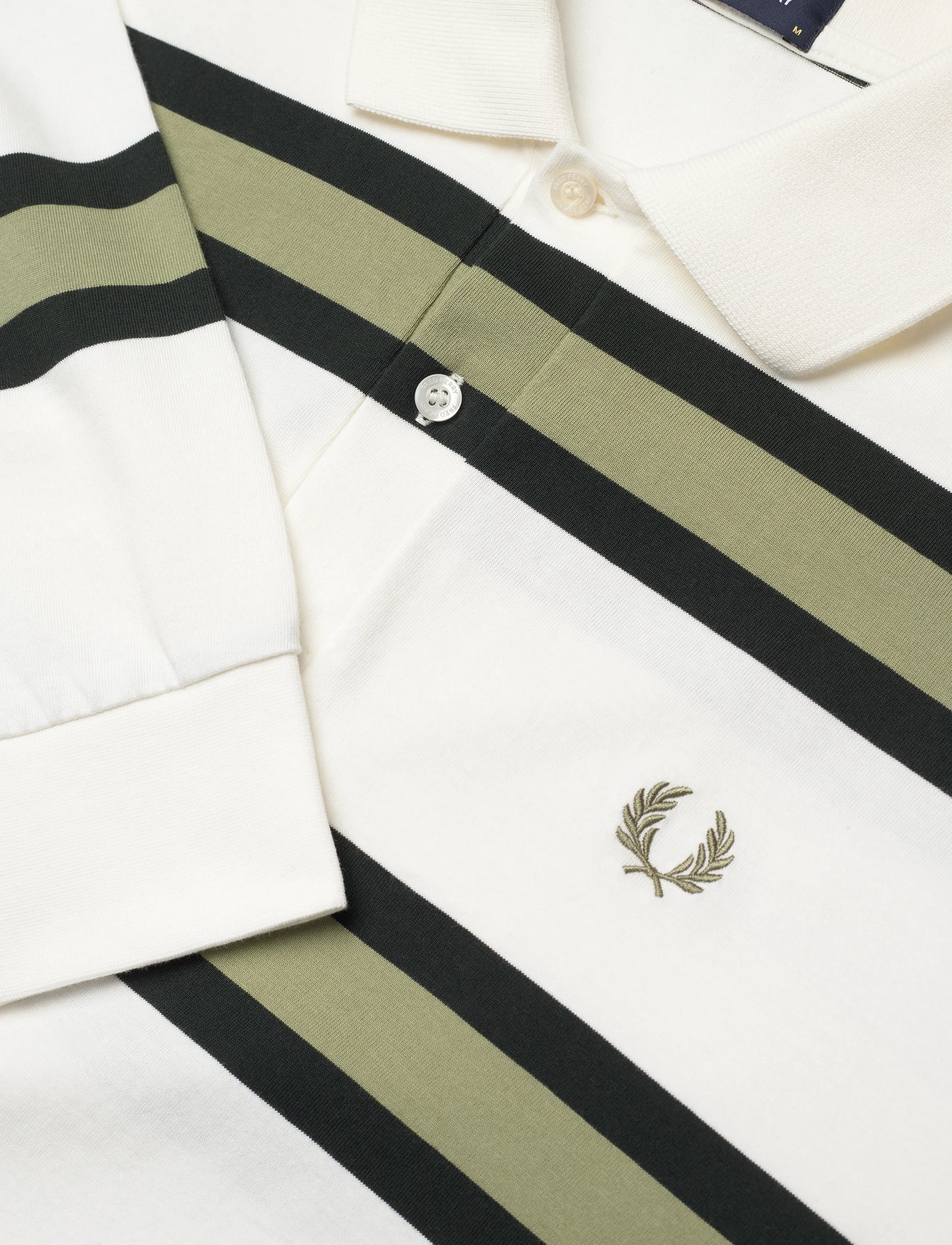 FRED PERRY STRIPED LONG SLEEVE RUGBY STYLE POLO SHIRT ECRU/GREEN M RRP £90 BNWT