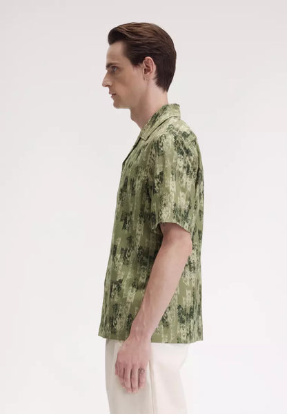 FRED PERRY ABSTRACT PRINT REVERE COLLAR SHORT SLEEVE SHIRT OLIVE MINT GREEN XL RRP £119 NEW