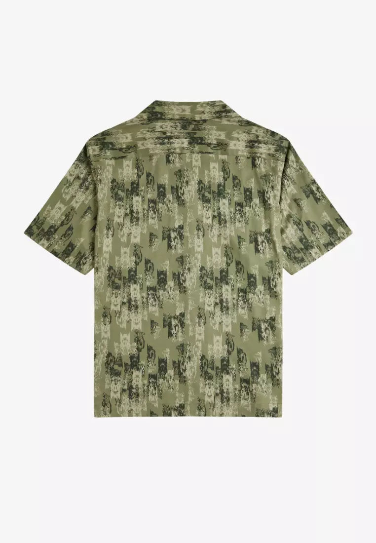 FRED PERRY ABSTRACT PRINT REVERE COLLAR SHORT SLEEVE SHIRT OLIVE MINT GREEN XL RRP £119 NEW
