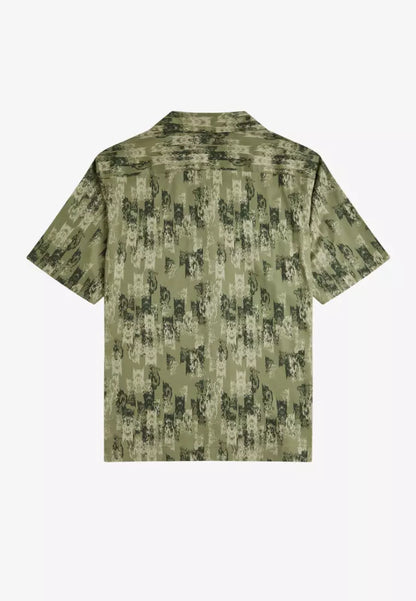 FRED PERRY ABSTRACT PRINT REVERE COLLAR SHORT SLEEVE SHIRT OLIVE MINT GREEN XL RRP £119 NEW