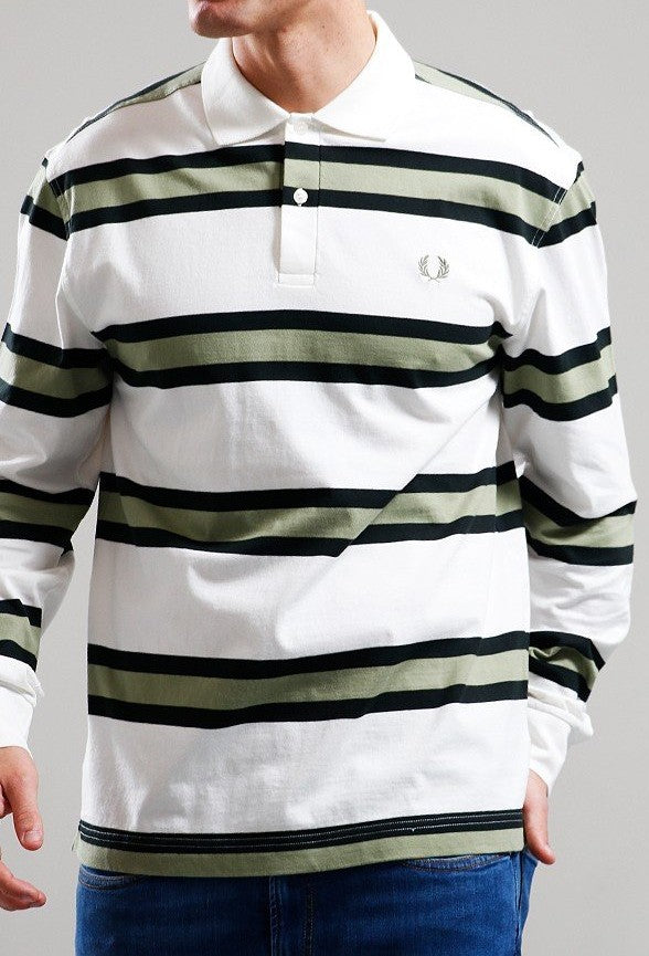 FRED PERRY STRIPED LONG SLEEVE RUGBY STYLE POLO SHIRT ECRU/GREEN M RRP £90 BNWT