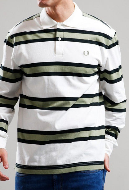 FRED PERRY STRIPED LONG SLEEVE RUGBY STYLE POLO SHIRT ECRU/GREEN M RRP £90 BNWT