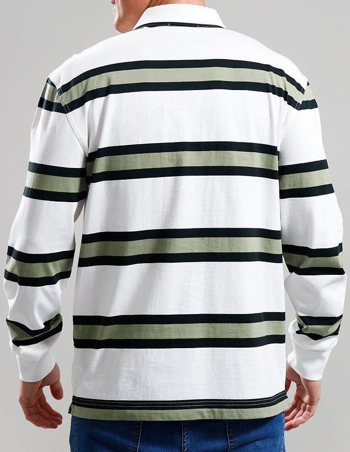FRED PERRY STRIPED LONG SLEEVE RUGBY STYLE POLO SHIRT ECRU/GREEN M RRP £90 BNWT