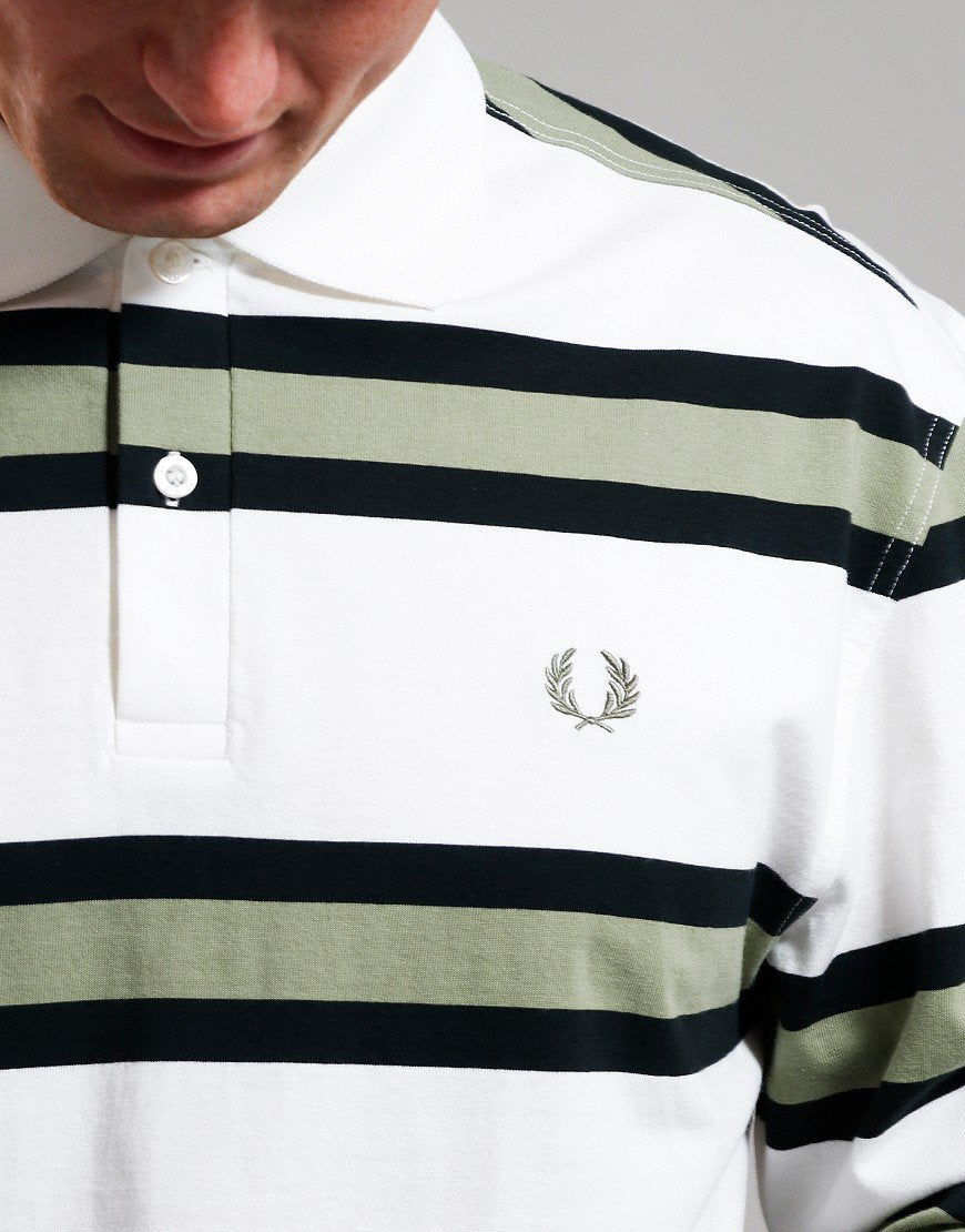 FRED PERRY STRIPED LONG SLEEVE RUGBY STYLE POLO SHIRT ECRU/GREEN M RRP £90 BNWT