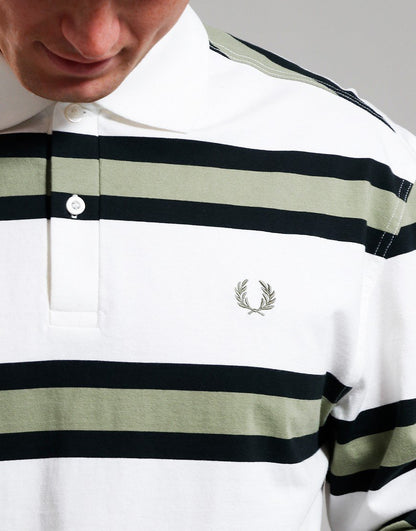 FRED PERRY STRIPED LONG SLEEVE RUGBY STYLE POLO SHIRT ECRU/GREEN M RRP £90 BNWT