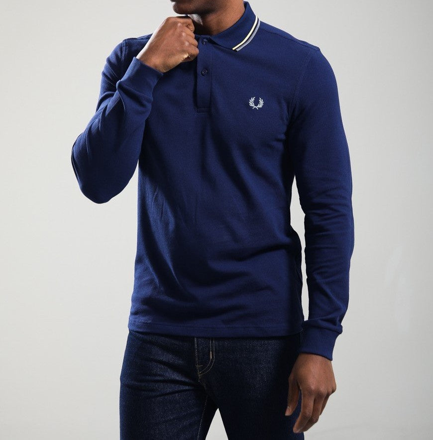 FRED PERRY TWIN TIPPED COTTON LONG SLEEVE POLO SHIRT FRENCH NAVY RRP £95 NEW