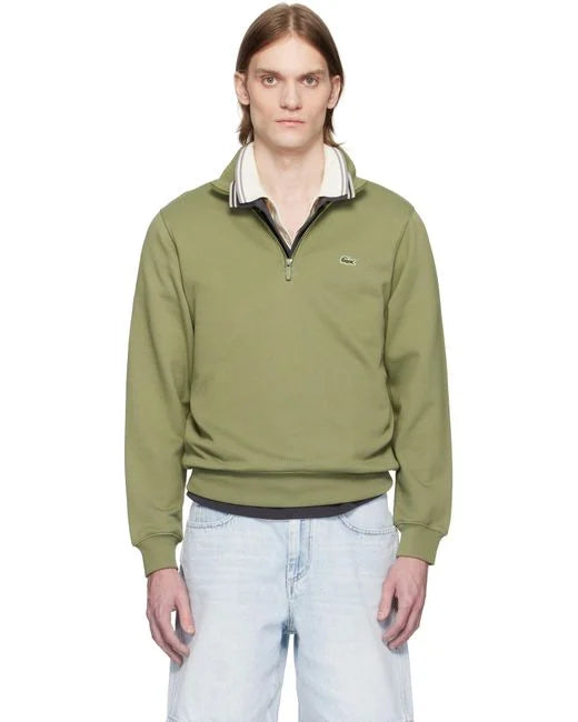 LACOSTE QUARTER ZIP COTTON FLEECE SWEATSHIRT KHAKI RRP £120 BNWT
