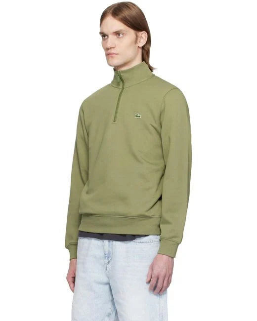 LACOSTE QUARTER ZIP COTTON FLEECE SWEATSHIRT KHAKI RRP £120 BNWT