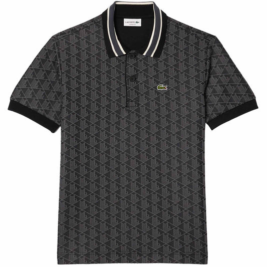 LACOSTE MONOGRAM GEOMETRIC PRINT POLO SHIRT BLACK XL RRP £120 BNWT