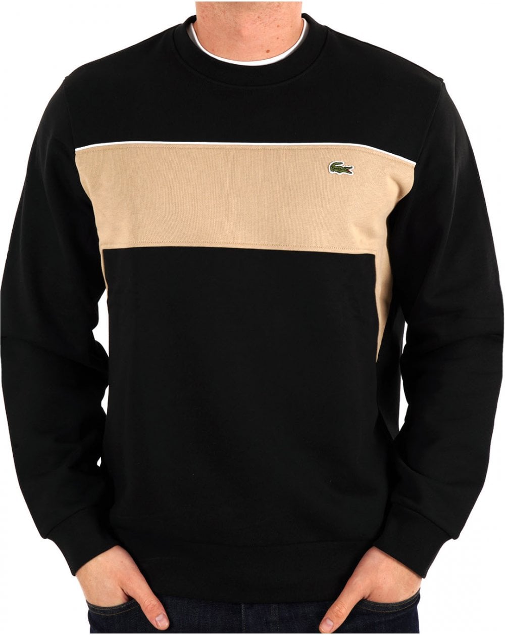 LACOSTE COLOUR BLOCK CREW NECK COTTON SWEATSHIRT BLACK/BEIGE 2XL RRP £120 BNWT