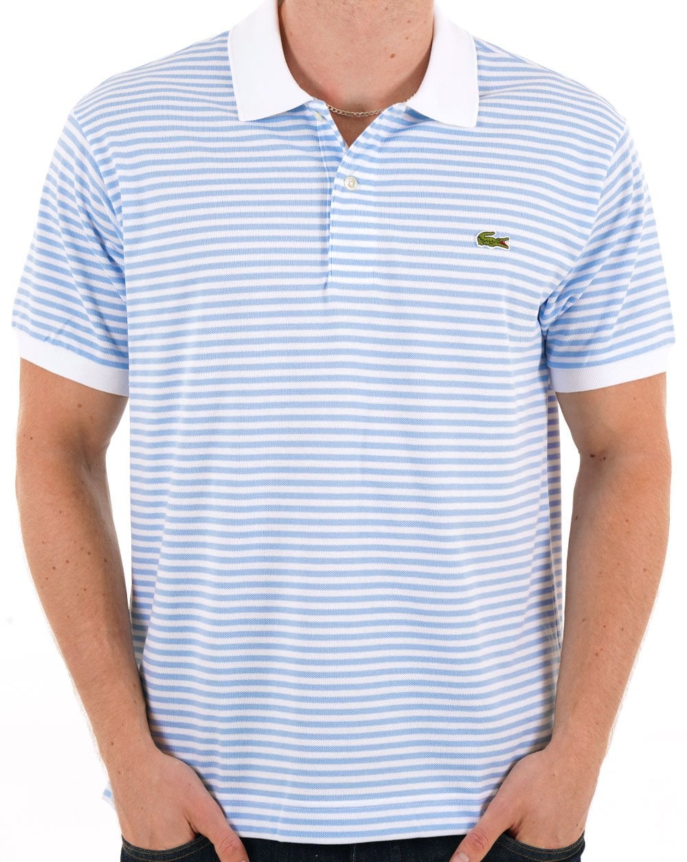 LACOSTE PIQUE COTTON FINE STRIPED POLO SHIRT WHITE/BLUE RRP £105 BNWT