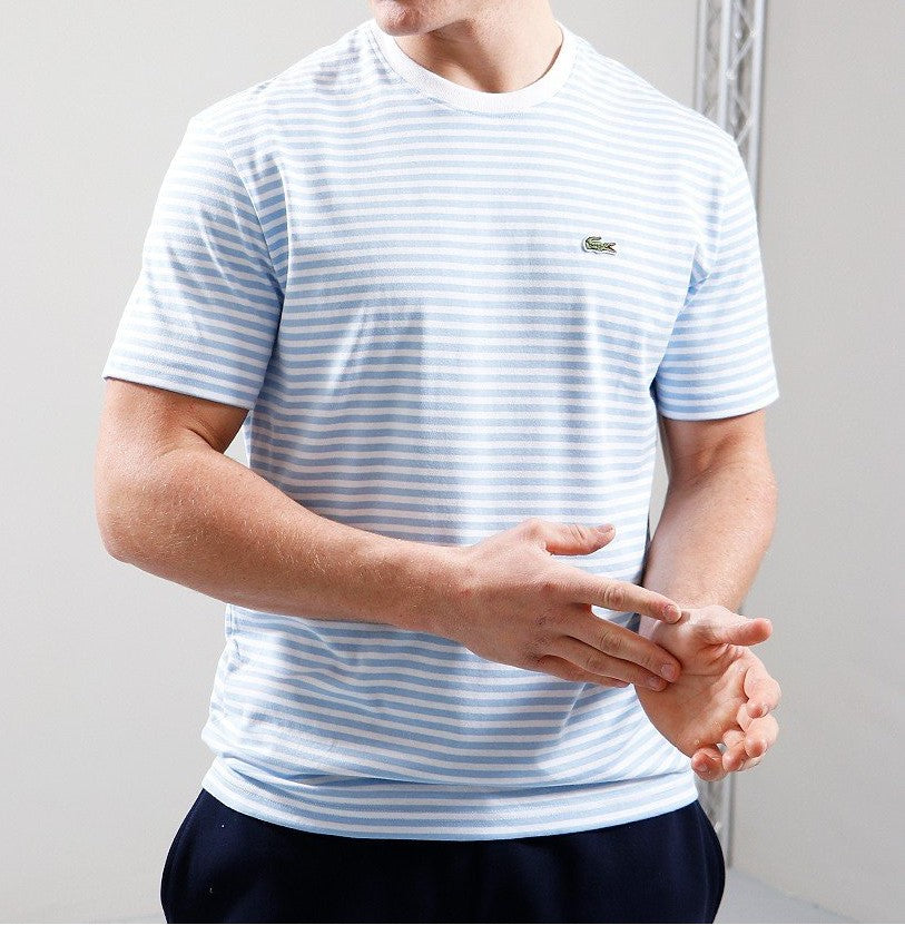 LACOSTE CREW NECK CROC LOGO STRIPED COTTON T-SHIRT SKY BLUE 2XL RRP £65 NEW