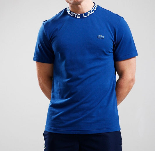 LACOSTE JACQUARD PRINT NECK COTTON LOGO T-SHIRT GLOBE BLUE MEDIUM RRP £70 BNWT