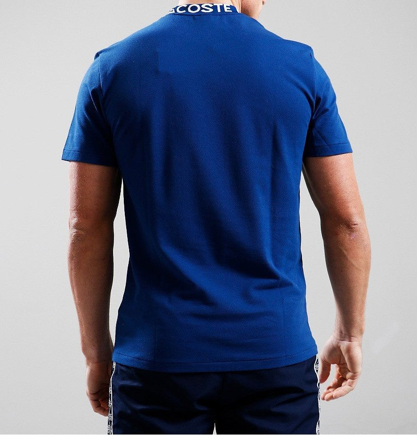 LACOSTE JACQUARD PRINT NECK COTTON LOGO T-SHIRT GLOBE BLUE MEDIUM RRP £70 BNWT