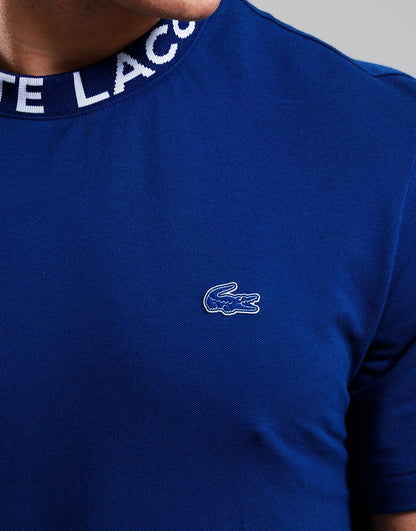 LACOSTE JACQUARD PRINT NECK COTTON LOGO T-SHIRT GLOBE BLUE MEDIUM RRP £70 BNWT