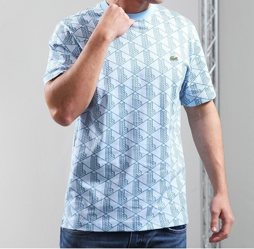 LACOSTE GEOMETRIC PIQUE COTTON T-SHIRT SKY BLUE 4XL RRP £90 BNWT