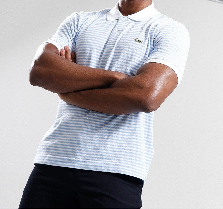 LACOSTE PIQUE COTTON FINE STRIPED POLO SHIRT WHITE/BLUE RRP £105 BNWT