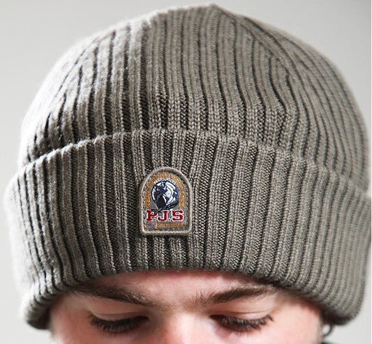 PARAJUMPERS RIB LOGO PATCH MERINO WOOL BEANIE HAT OLIVE GREY RRP £60 BNWT