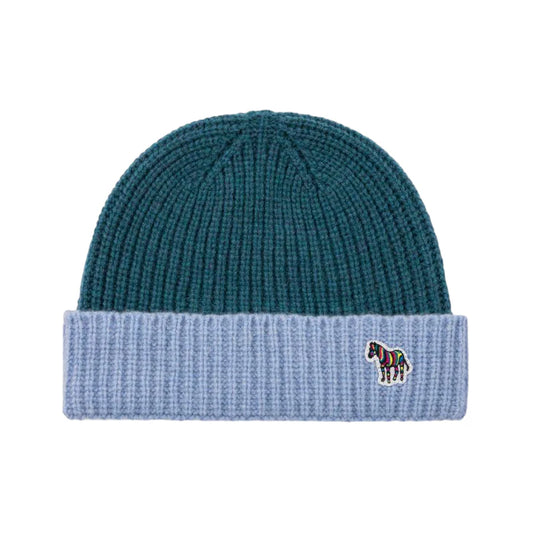 PAUL SMITH ZEBRA LOGO WOOL RIBBED BEANIE HAT GREEN & BLUE RRP £70 BNWT