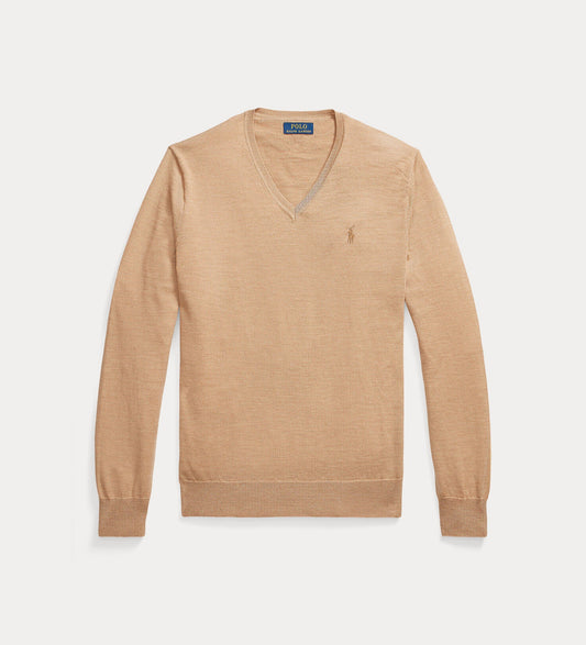 POLO RALPH LAUREN SLIM FIT MERINO WOOL V-NECK JUMPER BEIGE 2XL RRP £129 BNWT