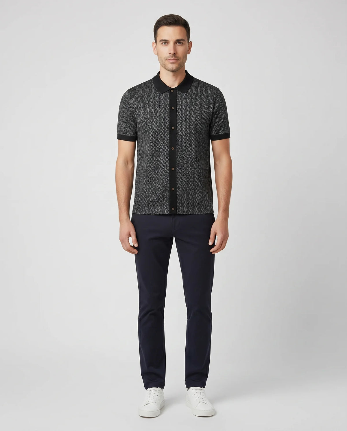 PAUL SMITH FULL BUTTON GEOMETRIC PATTERN POLO SHIRT BLACK/GREY 2XL RRP £125 BNWT