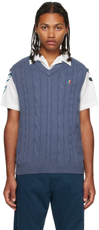 PAUL SMITH PS ZEBRA LOGO CABLE KNIT TANK TOP VEST JUMPER BLUE RRP £155 NEW